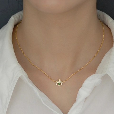 Evil Eye Halskette 925 Sterling Silber Zirkon Grüner Stein Anhänger Zierlicher Minimalistischer Schmuck Für Damen