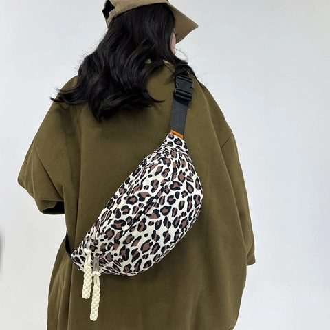 Leopard Print Nylon Chest Bag Women Large Capacity Waist Pack Adjustable Strap Streetwear Crossbody Fanny Pack