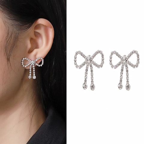 Elegant Bowknot Tassel Drop Earrings For Women Sparkling Rhinestone Alloy Jewelry With Copper Earring Post