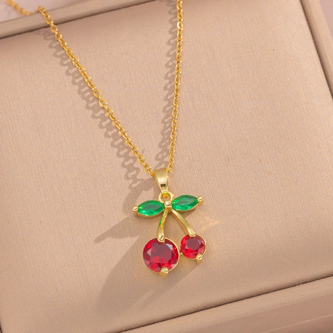 Cherry Necklace And Stud Earrings Titanium Steel Golden Red Green Gemstone Fashion Sweet Women Gift