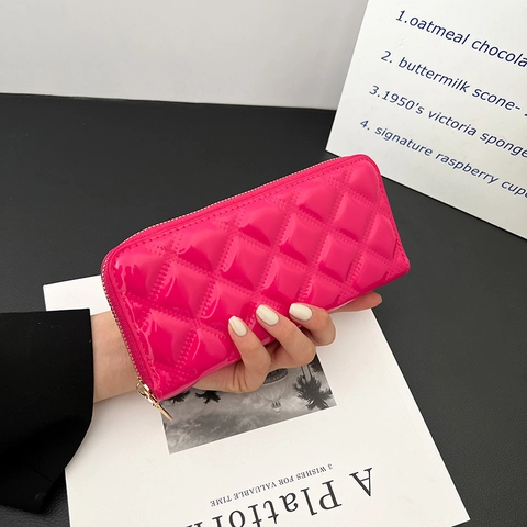 Women Long Zip Around Wallet Quilted Patent Leather Large Capacity Card Holder Clutch Purse Glossy Elegant Solid Color