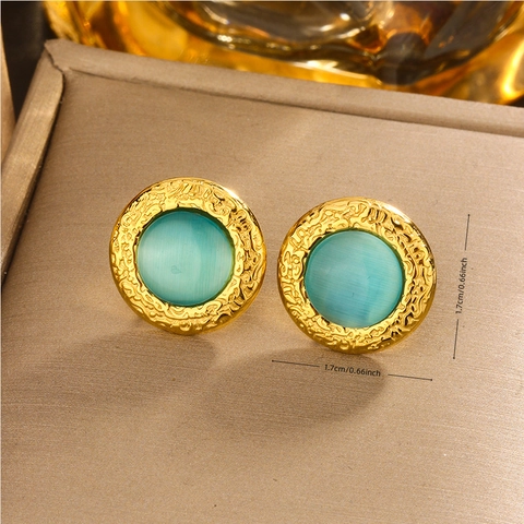 French Retro 18K Gold Plated Titanium Steel Geometric Round Stud Earrings With Artificial Pearl Cat Eye Stone For Women