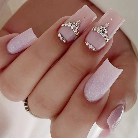 Pink Long Square Press On Nails With Rhinestones And Glitter Glossy False Nails For Women Elegant Manicure