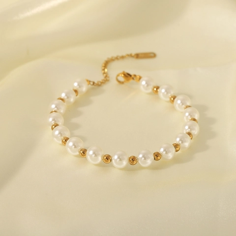 French Baroque Style Bracelet 18K Gold Plated Stainless Steel Faux Artificial Pearl Beaded Elegant Vintage Jewelry For Women