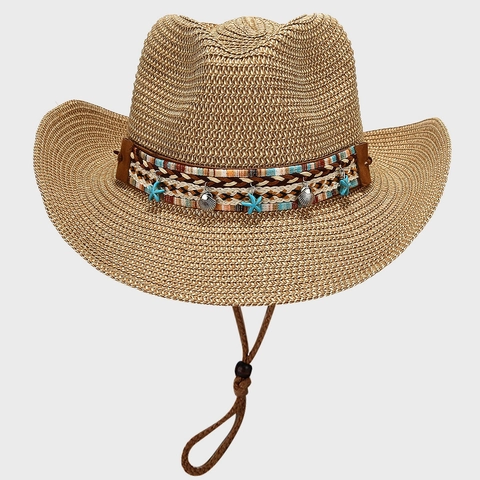 Women Straw Cowboy Sun Hat Wide Brim Bohemian Beach Summer Travel Hat With Star Shell Charms Adjustable Chin Strap