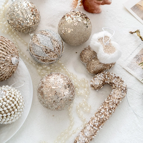 Christmas Ball Ornaments Champagne Gold Sequin Glitter Artificial Pearl Foam Hanging Pendants Holiday Tree Decor Luxury Elegant Style