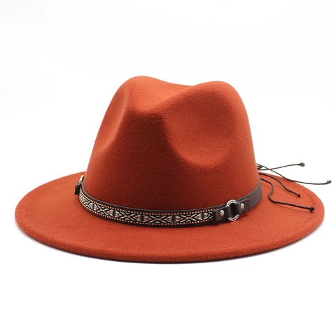 Retro Wide Brim Fedora Hat Cotton Polyester Blend Wool Felt Texture Jazz Cap With Ethnic Woven Band Metal Ring Decor
