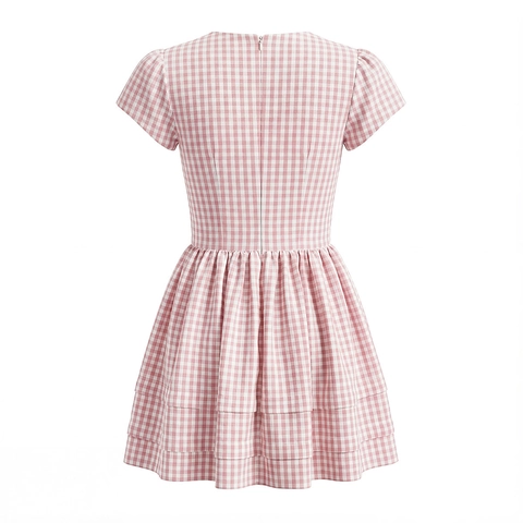 Mini Kleid Rosa Gingham V Ausschnitt Puffärmel Schleife Gestuft Falten Saum Baumwolle Polyester Mischung Damen
