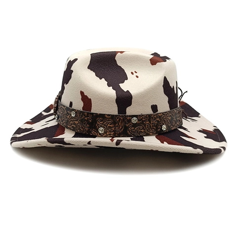 Cappello Da Cowboy Western Leopardo Stampa Mucca Feltro Tesa Larga Fibbia Cuore Strass Stile Retro Per Uomo Donna