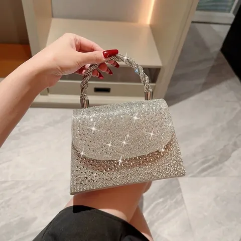 Rhinestone Evening Handbag For Women Shimmering Party Clutch With Twisted Handle And Chain Strap Elegant Formal Purse