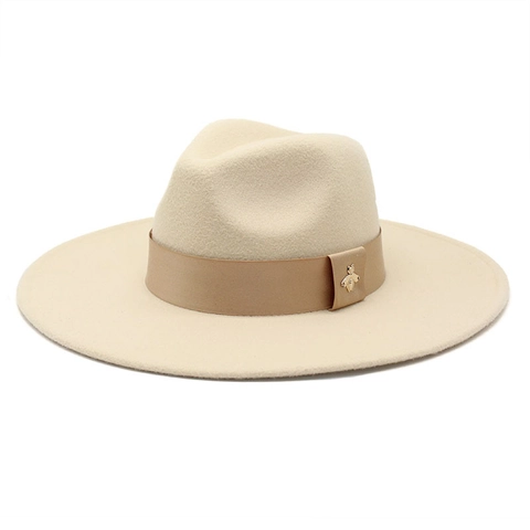 Vintage Woolen Felt Fedora Hat With Wide Brim Satin Ribbon Metallic Bee Accent Jazz Style Elegant Unisex Accessories