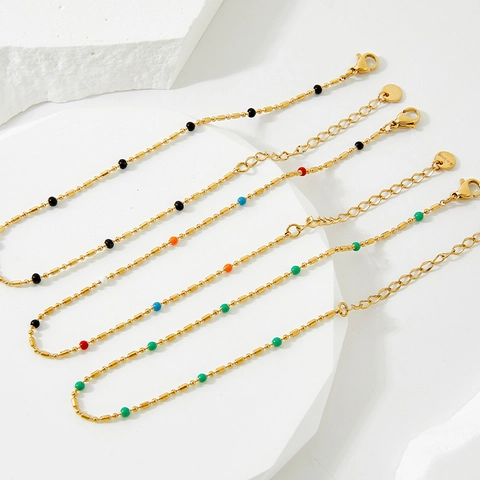 Bohemian Edelstahl Fußkettchen Für Damen Bunte Emaille Perlen Dünne Kette Verstellbar Sommer Strand Fußschmuck