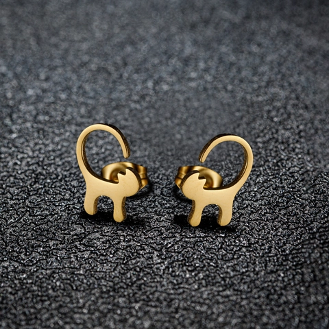 Minimalist Stainless Steel Cat Stud Earrings For Women Cute Cartoon Animal Pet Kitty Long Tail Polished Jewelry Accessory