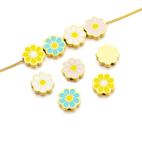 Cuentas Espaciadoras De Esmalte De Flores Acero Inoxidable Forma Sakura Margarita Bordes Dorados Para Fabricación De Joyas DIY Pulsera Collar