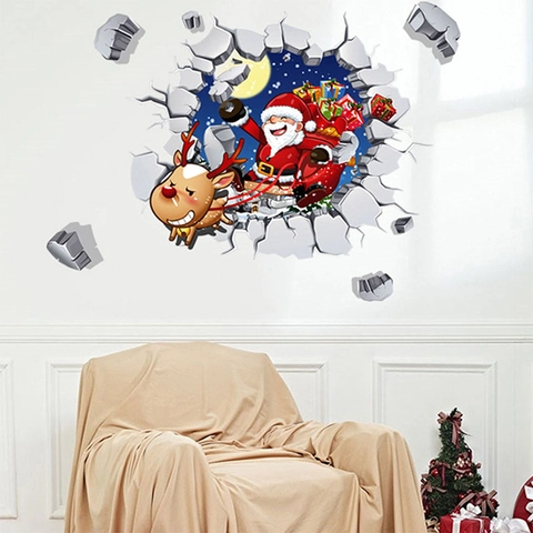 Weihnachtsaufkleber Weihnachtsmann Schlitten Rentier PVC Wandaufkleber Mit Dreidimensionalem Effekt Für Wohnzimmer Dekoration