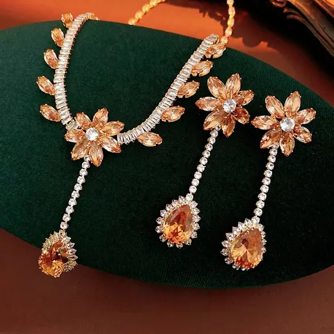 Collier Et Boucles D'oreilles Fleur Zircon Goutte D'eau Cuivre Style Cour Vintage Bijoux De Mariage Pour Femmes