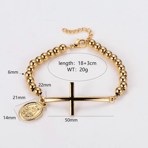 Pulsera Cuentas Acero Inoxidable 304 Cruz Religiosa Medalla Virgen María Dije Ajustable Hip Hop Joyería Unisex