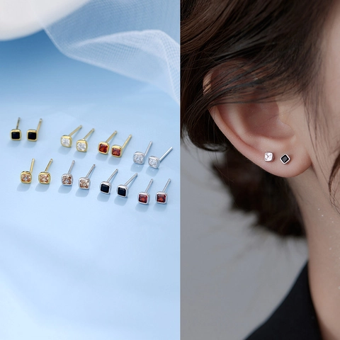 S925 Sterling Silver Mini Square Stud Earrings For Women Student Minimalist Geometric Colorful Rhinestone Ear Bone Studs Hypoallergenic Jewelry