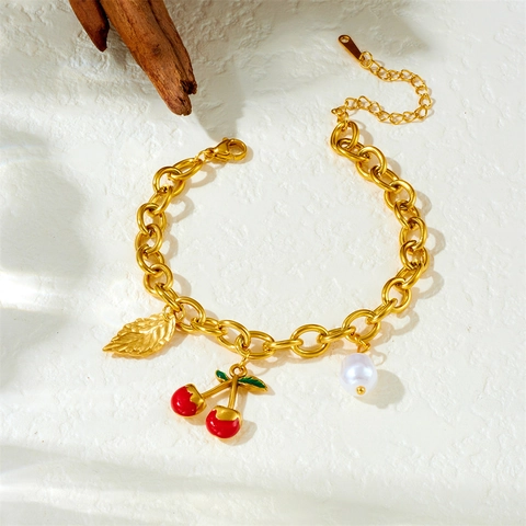Bracciale Con Charms In Acciaio Inossidabile Catena Grossa Oro Perla Artificial Ciliegia Pendente Foglia Gioielli Regolabili Da Donna