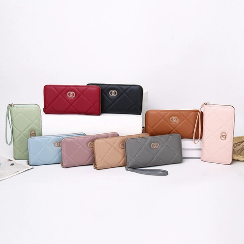 Damen Geldbörse Lang Gesteppt Kunstleder Reißverschluss Clutch Mit Handgelenkschlaufe Kartenhalter Elegant