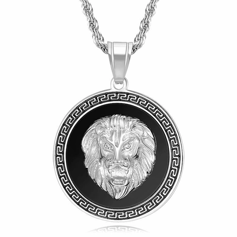 Hip Hop Lion Head Pendant Necklace Stainless Steel Gold Plated Round Greek Key Pattern Enamel Punk Jewelry For Men
