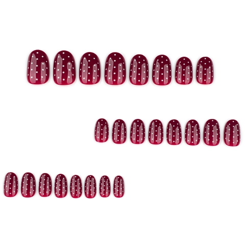 Faux Ongles Brillants Rouge Foncé Pois Blancs Ovales Couverture Complète Pour Femmes Style Automne Hiver