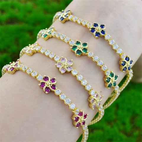Bracciale Regolabile Fiore Zircone Rame Placcato Oro 18K Catena Tennis Floreale Colorata Gioielli Eleganti Donna
