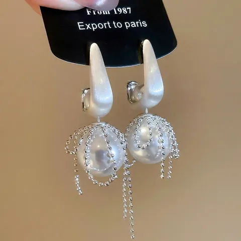 Artificial Pearl Tassel Earrings With Silver Earring Post Bowknot French Vintage Elegant Long Fringe Jewelry For Women