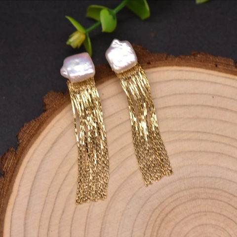 Artificial Baroque Pearl Tassel Earrings With 925 Sterling Silver Earring Post Gold Plated Copper Gemstone Elegant Jewelry Women