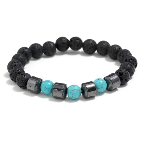 Men Beaded Bracelet Natural Black Lava Stone And Synthetic Turquoise With Hematite Spacers Retro Elastic Yoga Jewelry