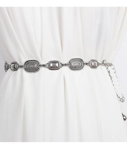 Cintura A Catena In Metallo Vintage Intagliata Etnica Vita Regolabile Retro Boho Accessorio Decorativo Donna Vestito