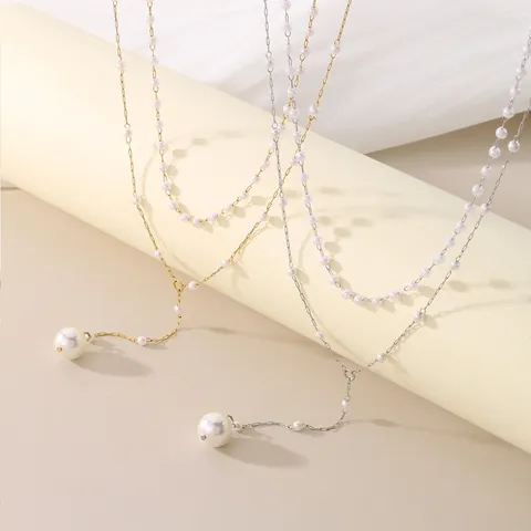 Collana Doppio Strato A Forma Di Y Künstliche Perle Acciaio Inossidabile Elegante Lunga Nappa Choker Gioielli Per Donne
