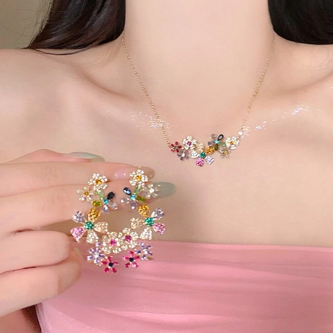 Floral Necklace And Earrings Jewelry Set Stainless Steel Colorful Rhinestone Sweet Gold Plated For Women
