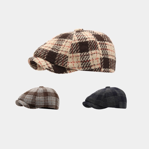 Vintage Geruite Newsboy Pet Polyester Tweed Achthoekige Hoed Retro Cabbie Flat Cap Voor Herfst Winter
