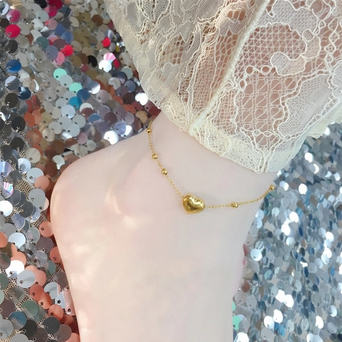 Elegant Titanium Steel Heart Anklet For Women 18K Gold Plated Heart Pendant Bead Foot Chain Adjustable Summer Jewelry