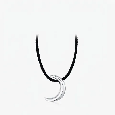 Minimalist Crescent Moon Pendant Necklace 925 Sterling Silver With Adjustable Black Woven Rope Cord For Women