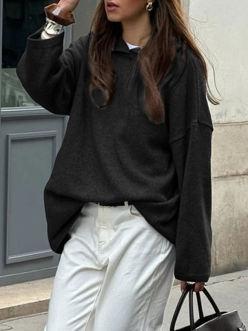 Women Knitted Hoodie Sweater Loose Casual Long Sleeve Solid Color Hooded Pullover Acrylic Polyester Top