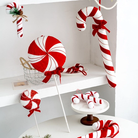 Christmas Tree Hanging Ornaments Red White Stripe Candy Cane Lollipop Foam Ball Fabric Glitter Bow Festive Holiday Decor