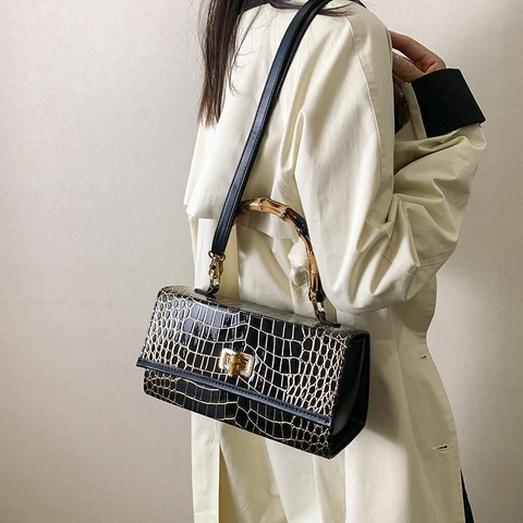 Borsa A Spalla Da Donna Motivo Coccodrillo Pelle PU Con Manico In Bambù Borsa A Mano Quadrata Retro Stile Vintage
