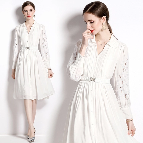 White Midi Shirt Dress Hollow Out Embroidery Long Sleeve Pleated A-Line Elegant Commuter Button Down Polyester For Women
