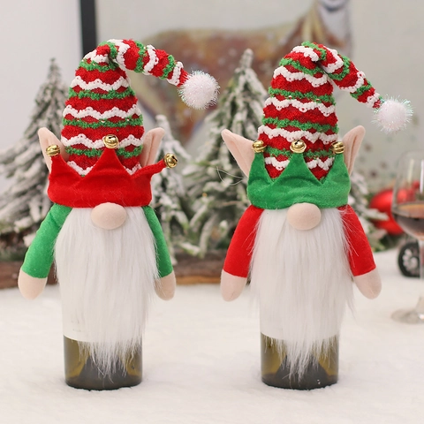 Christmas Gnome Wine Bottle Cover Fabric Elf Tomte Bottle Topper Decor With Knit Hat Beard Metal Bell Holiday Party Table Decoration