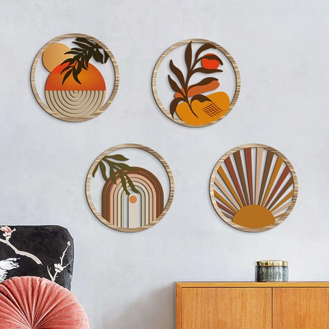 Bohemian Round Wooden Wall Decor Hollow Out Abstract Art Hanging Signs For Living Room Home Office