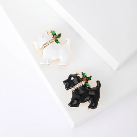 Spilla Cane Terrier Lega Smalto Colletto Strass Natale Agrifoglio Festivo Spilla Da Risvolto Gioielli Moda Donna