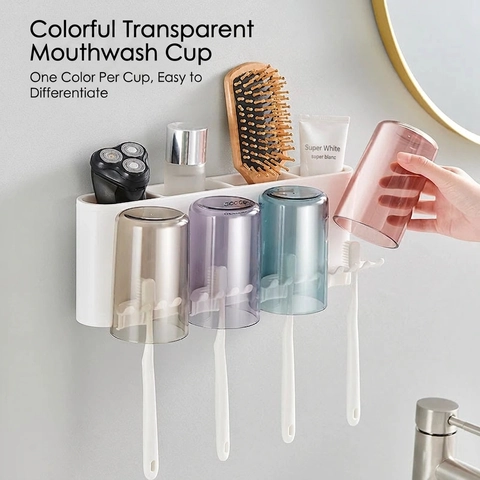 Wall Mounted Toothbrush Holder With Automatic Toothpaste Dispenser Bathroom Storage Rack Plastic Organizer Inverted Mouthwash Cups