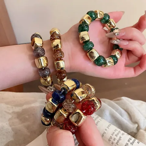 Bracelet Perles Pour Femmes Cube Métal Plaqué Or Géométrique Acrylique Résine Scintillante Chaîne Élastique Bijoux Mode