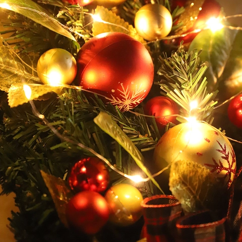 Guirnalda De Navidad Lágrima Hoja De Magnolia Aguja De Pino De PVC Bola Roja Oro Lazo De Cuadros Decoración De Puerta