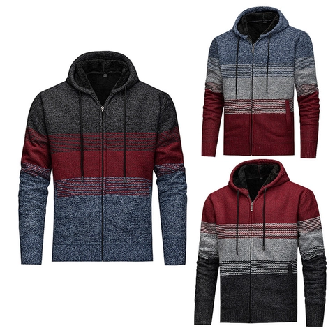Cardigan In Maglia Con Cappuccio Da Uomo Righe Color Block Foderato In Pile Maglione Invernale Caldo Giacca Zip