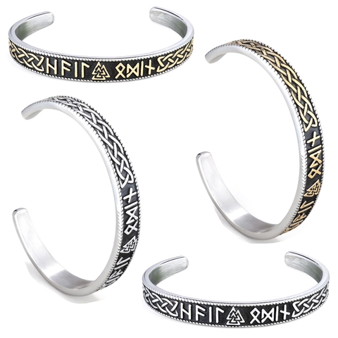 Wikinger Manschettenarmband Edelstahl Nordische Runen Keltischer Knoten Valknut Vintage Offener Armreif Retro Schmuck