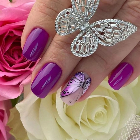 Purple Gradient Press On Nails With Butterfly Pattern Glossy Square Artificial False Nails For Women Fashion Manicure