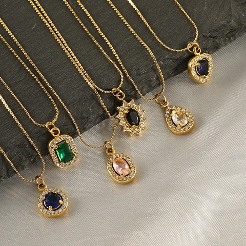 Zircon Pendant Necklace Stainless Steel 18K Gold Plated Geometric Heart Round Square Oval Colorful Gemstone Women Jewelry